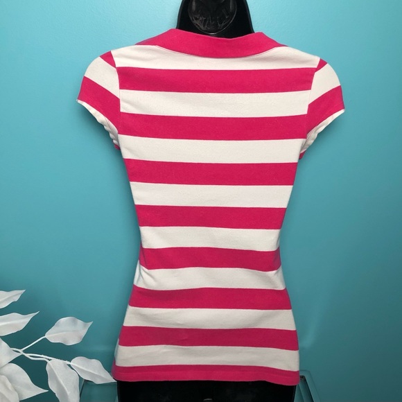 EXPRESS V Neck Pink & White Stripped Stretch T Shirt With Cap Sleeve - Picture 5 of 9